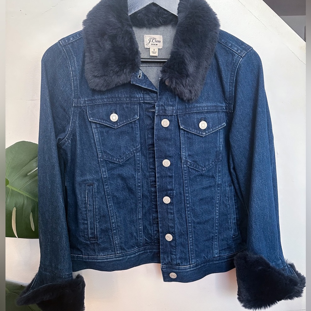 J. Crew Denim Jacket with Navy Blue Faux Fur Trim Size S